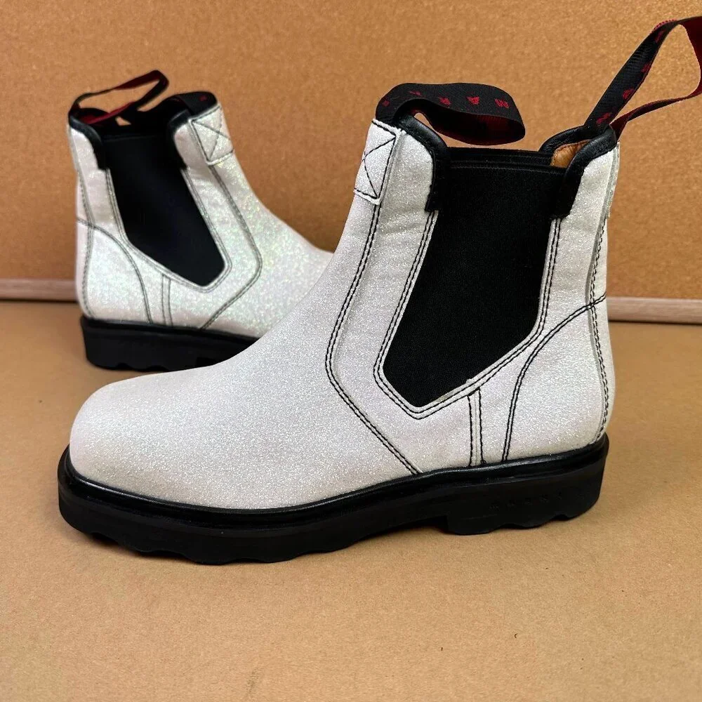 Marni White Glitter Sparkle Chelsea Pull On Boots EU 40 / US Womens 10